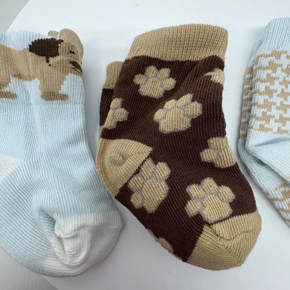 Baby Socks 3 Pack Dog Paw Print Houndstooth Blue Brown 6-12 Months